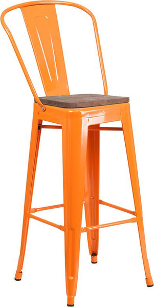 Flash Furniture 30" High Orange Metal Barstool with Back and Wood Seat - CH-31320-30GB-OR-WD-GG