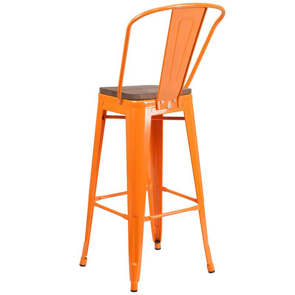 Flash Furniture 30" High Orange Metal Barstool with Back and Wood Seat - CH-31320-30GB-OR-WD-GG