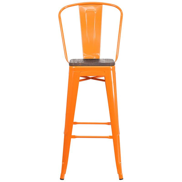 Flash Furniture 30" High Orange Metal Barstool with Back and Wood Seat - CH-31320-30GB-OR-WD-GG