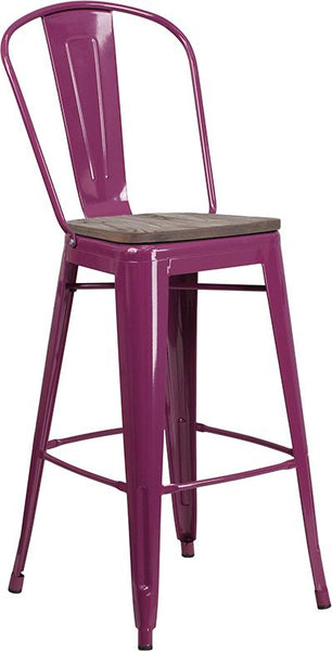 Flash Furniture 30" High Purple Metal Barstool with Back and Wood Seat - ET-3534-30-PUR-WD-GG