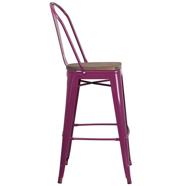 Flash Furniture 30" High Purple Metal Barstool with Back and Wood Seat - ET-3534-30-PUR-WD-GG