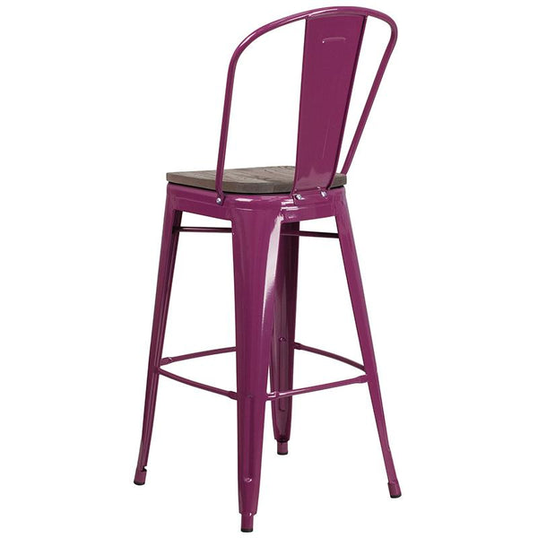 Flash Furniture 30" High Purple Metal Barstool with Back and Wood Seat - ET-3534-30-PUR-WD-GG