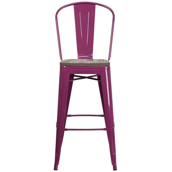 Flash Furniture 30" High Purple Metal Barstool with Back and Wood Seat - ET-3534-30-PUR-WD-GG