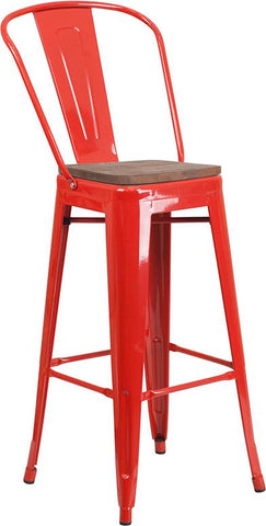 Flash Furniture 30" High Red Metal Barstool with Back and Wood Seat - CH-31320-30GB-RED-WD-GG