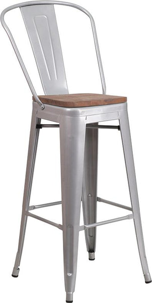 Flash Furniture 30" High Silver Metal Barstool with Back and Wood Seat - CH-31320-30GB-SIL-WD-GG