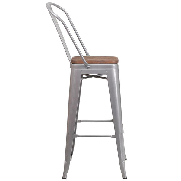 Flash Furniture 30" High Silver Metal Barstool with Back and Wood Seat - CH-31320-30GB-SIL-WD-GG