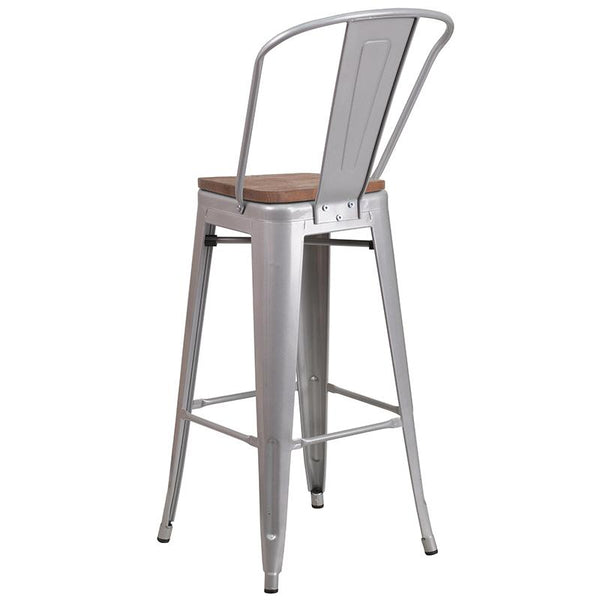 Flash Furniture 30" High Silver Metal Barstool with Back and Wood Seat - CH-31320-30GB-SIL-WD-GG