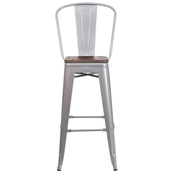 Flash Furniture 30" High Silver Metal Barstool with Back and Wood Seat - CH-31320-30GB-SIL-WD-GG