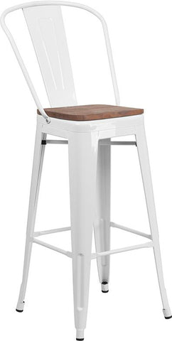 Flash Furniture 30" High White Metal Barstool with Back and Wood Seat - CH-31320-30GB-WH-WD-GG