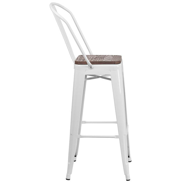 Flash Furniture 30" High White Metal Barstool with Back and Wood Seat - CH-31320-30GB-WH-WD-GG