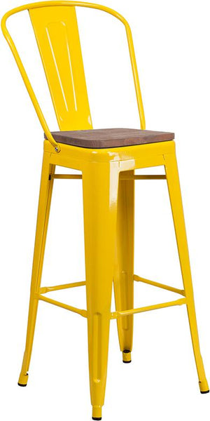 Flash Furniture 30" High Yellow Metal Barstool with Back and Wood Seat - CH-31320-30GB-YL-WD-GG
