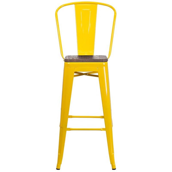 Flash Furniture 30" High Yellow Metal Barstool with Back and Wood Seat - CH-31320-30GB-YL-WD-GG