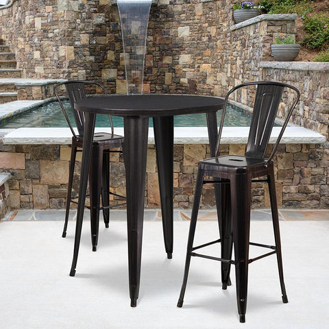 Flash Furniture 30'' Round Black-Antique Gold Metal Indoor-Outdoor Bar Table Set with 2 Cafe Stools - CH-51090BH-2-30CAFE-BQ-GG