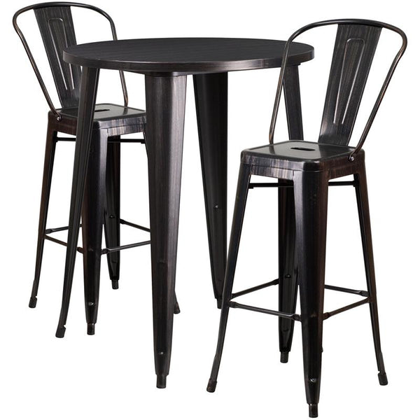 Flash Furniture 30'' Round Black-Antique Gold Metal Indoor-Outdoor Bar Table Set with 2 Cafe Stools - CH-51090BH-2-30CAFE-BQ-GG