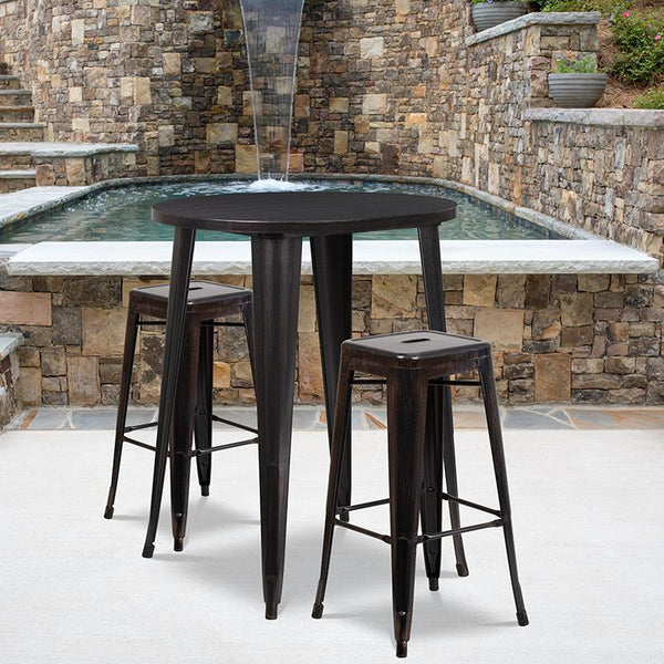 Flash Furniture 30'' Round Black-Antique Gold Metal Indoor-Outdoor Bar Table Set with 2 Square Seat Backless Stools - CH-51090BH-2-30SQST-BQ-GG