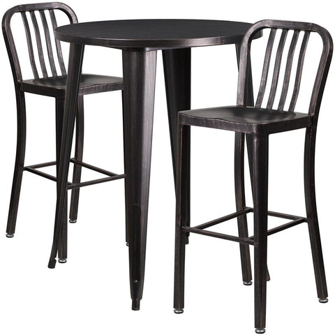 Flash Furniture 30'' Round Black-Antique Gold Metal Indoor-Outdoor Bar Table Set with 2 Vertical Slat Back Stools - CH-51090BH-2-30VRT-BQ-GG