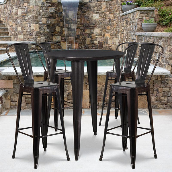 Flash Furniture 30'' Round Black-Antique Gold Metal Indoor-Outdoor Bar Table Set with 4 Cafe Stools - CH-51090BH-4-30CAFE-BQ-GG