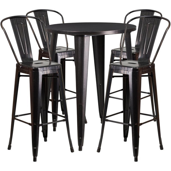 Flash Furniture 30'' Round Black-Antique Gold Metal Indoor-Outdoor Bar Table Set with 4 Cafe Stools - CH-51090BH-4-30CAFE-BQ-GG