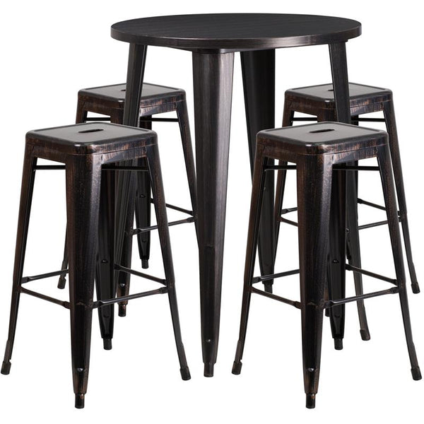 Flash Furniture 30'' Round Black-Antique Gold Metal Indoor-Outdoor Bar Table Set with 4 Square Seat Backless Stools - CH-51090BH-4-30SQST-BQ-GG