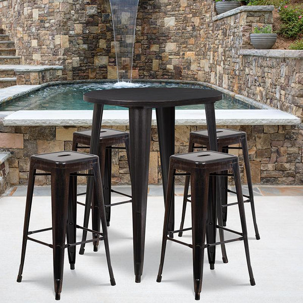 Flash Furniture 30'' Round Black-Antique Gold Metal Indoor-Outdoor Bar Table Set with 4 Square Seat Backless Stools - CH-51090BH-4-30SQST-BQ-GG