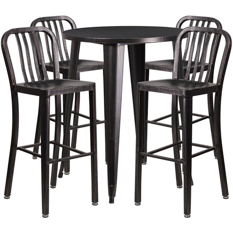 Flash Furniture 30'' Round Black-Antique Gold Metal Indoor-Outdoor Bar Table Set with 4 Vertical Slat Back Stools - CH-51090BH-4-30VRT-BQ-GG