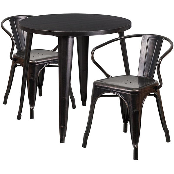 Flash Furniture 30'' Round Black-Antique Gold Metal Indoor-Outdoor Table Set with 2 Arm Chairs - CH-51090TH-2-18ARM-BQ-GG