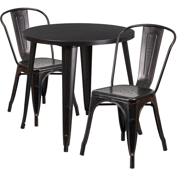 Flash Furniture 30'' Round Black-Antique Gold Metal Indoor-Outdoor Table Set with 2 Cafe Chairs - CH-51090TH-2-18CAFE-BQ-GG