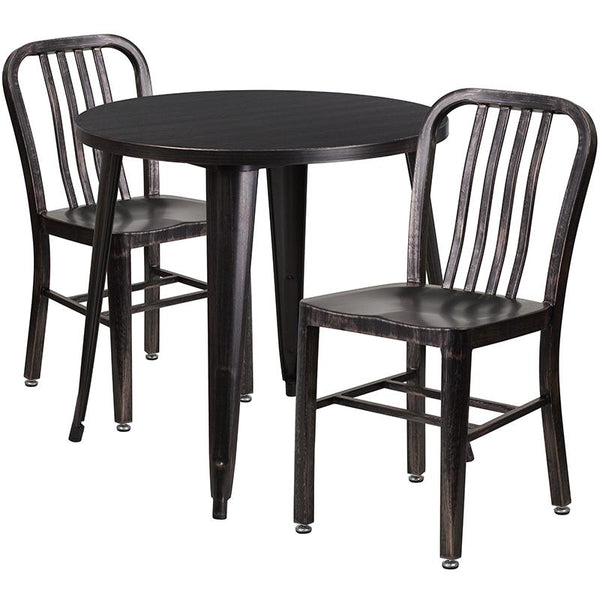 Flash Furniture 30'' Round Black-Antique Gold Metal Indoor-Outdoor Table Set with 2 Vertical Slat Back Chairs - CH-51090TH-2-18VRT-BQ-GG