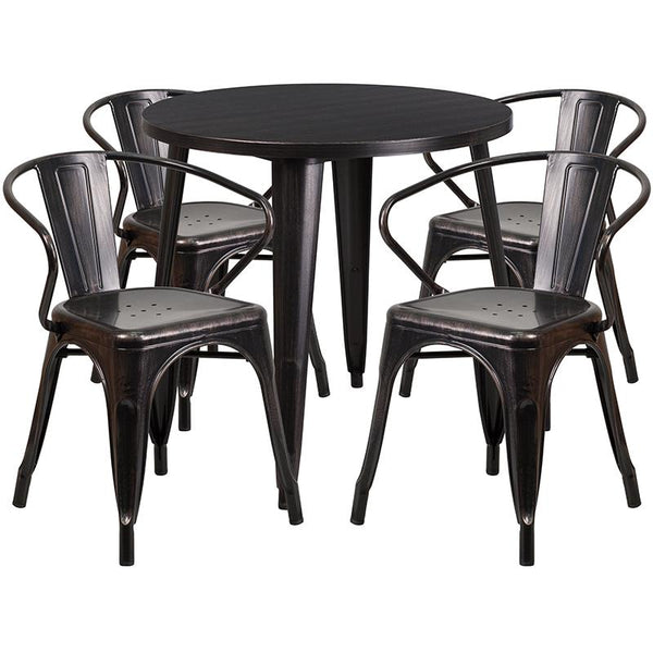 Flash Furniture 30'' Round Black-Antique Gold Metal Indoor-Outdoor Table Set with 4 Arm Chairs - CH-51090TH-4-18ARM-BQ-GG