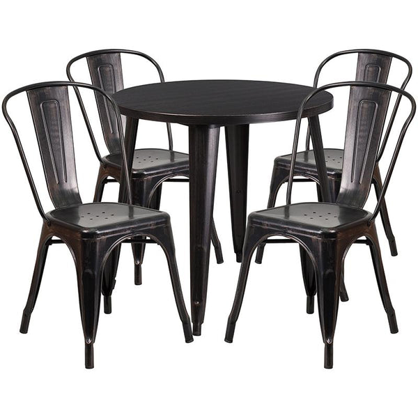 Flash Furniture 30'' Round Black-Antique Gold Metal Indoor-Outdoor Table Set with 4 Cafe Chairs - CH-51090TH-4-18CAFE-BQ-GG