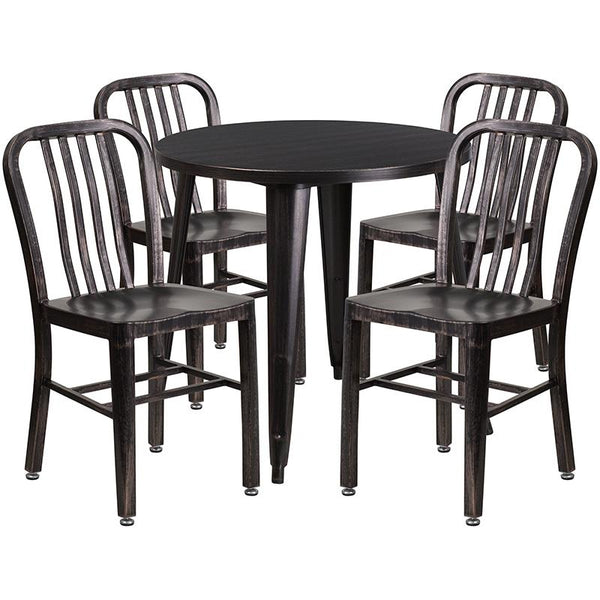 Flash Furniture 30'' Round Black-Antique Gold Metal Indoor-Outdoor Table Set with 4 Vertical Slat Back Chairs - CH-51090TH-4-18VRT-BQ-GG