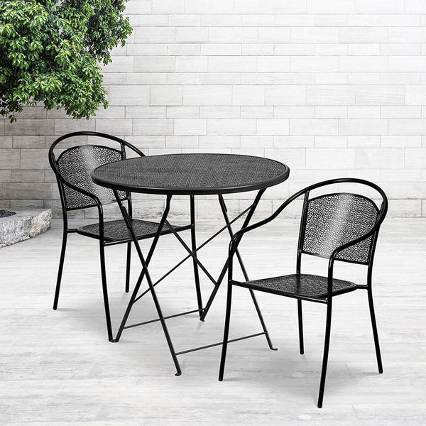 Flash Furniture 30'' Round Black Indoor-Outdoor Steel Folding Patio Table Set with 2 Round Back Chairs - CO-30RDF-03CHR2-BK-GG