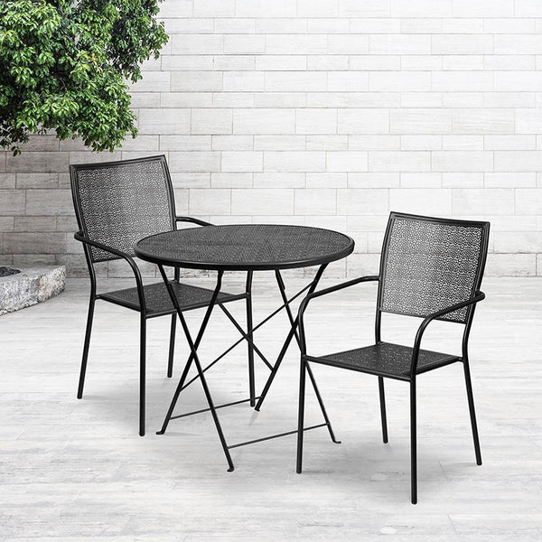 Flash Furniture 30'' Round Black Indoor-Outdoor Steel Folding Patio Table Set with 2 Square Back Chairs - CO-30RDF-02CHR2-BK-GG