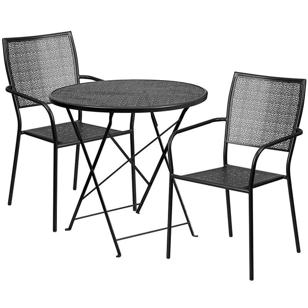 Flash Furniture 30'' Round Black Indoor-Outdoor Steel Folding Patio Table Set with 2 Square Back Chairs - CO-30RDF-02CHR2-BK-GG