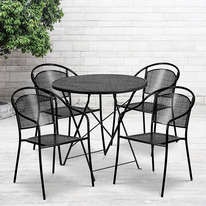 Flash Furniture 30'' Round Black Indoor-Outdoor Steel Folding Patio Table Set with 4 Round Back Chairs - CO-30RDF-03CHR4-BK-GG