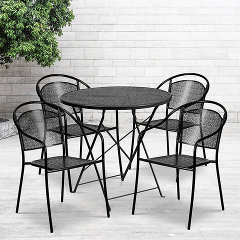 Flash Furniture 30'' Round Black Indoor-Outdoor Steel Folding Patio Table Set with 4 Round Back Chairs - CO-30RDF-03CHR4-BK-GG