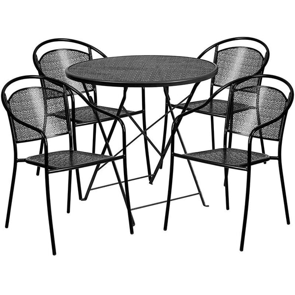 Flash Furniture 30'' Round Black Indoor-Outdoor Steel Folding Patio Table Set with 4 Round Back Chairs - CO-30RDF-03CHR4-BK-GG