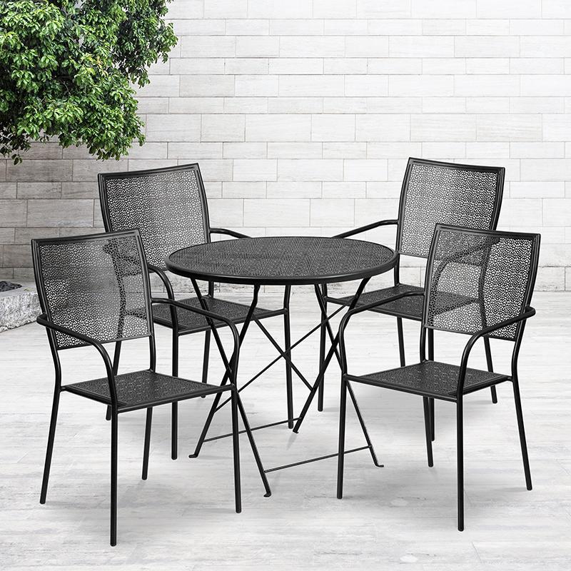 Flash Furniture 30'' Round Black Indoor-Outdoor Steel Folding Patio Table Set with 4 Square Back Chairs - CO-30RDF-02CHR4-BK-GG