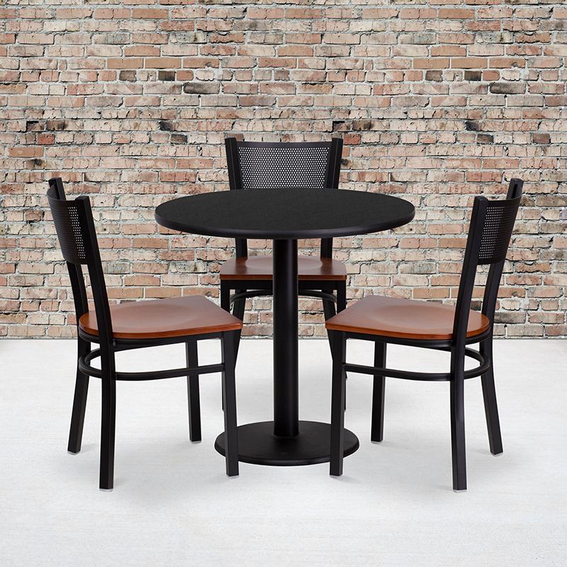 Flash Furniture 30'' Round Black Laminate Table Set with 3 Grid Back Metal Chairs - Cherry Wood Seat - MD-0007-GG