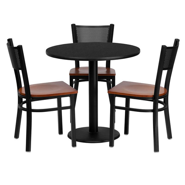 Flash Furniture 30'' Round Black Laminate Table Set with 3 Grid Back Metal Chairs - Cherry Wood Seat - MD-0007-GG
