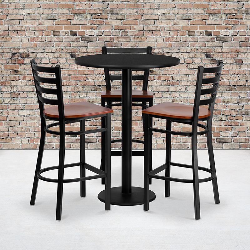 Flash Furniture 30'' Round Black Laminate Table Set with 3 Ladder Back Metal Barstools - Cherry Wood Seat - MD-0013-GG