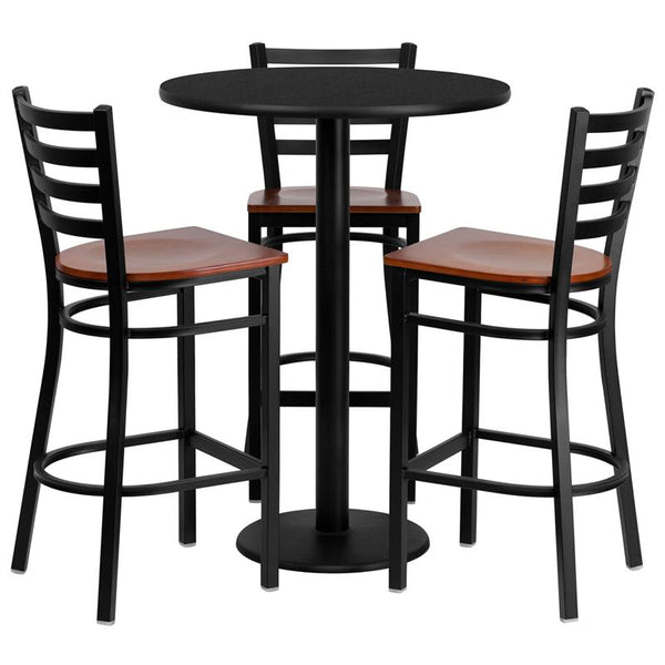 Flash Furniture 30'' Round Black Laminate Table Set with 3 Ladder Back Metal Barstools - Cherry Wood Seat - MD-0013-GG