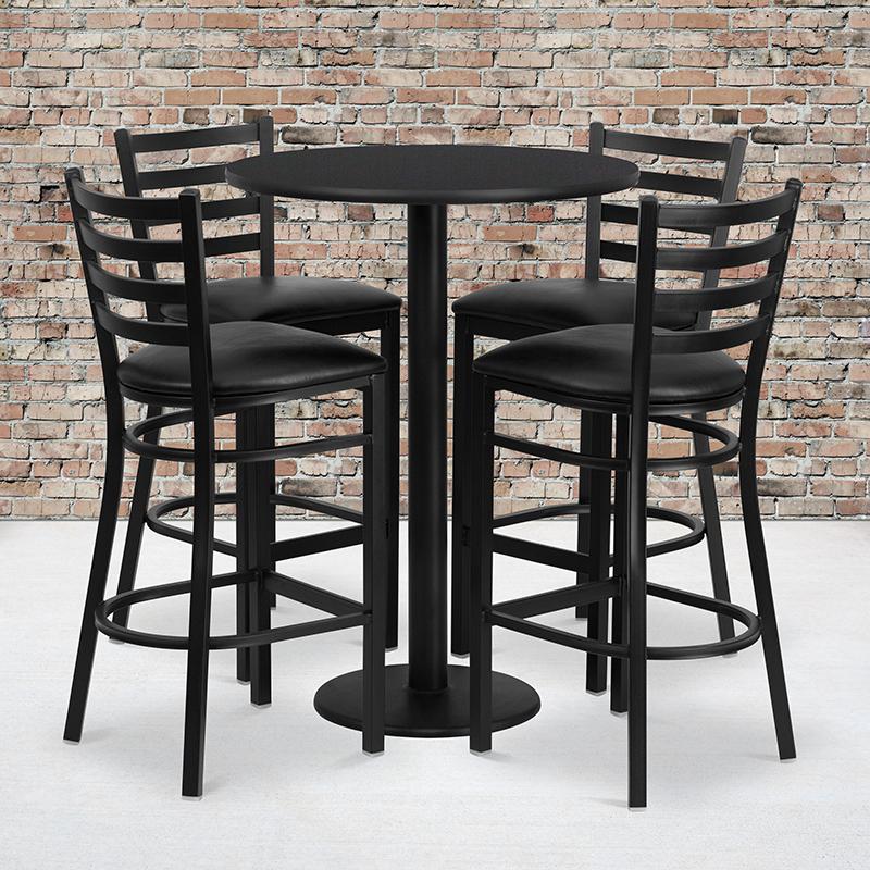 Flash Furniture 30'' Round Black Laminate Table Set with Round Base and 4 Ladder Back Metal Barstools - Black Vinyl Seat - RSRB1021-GG