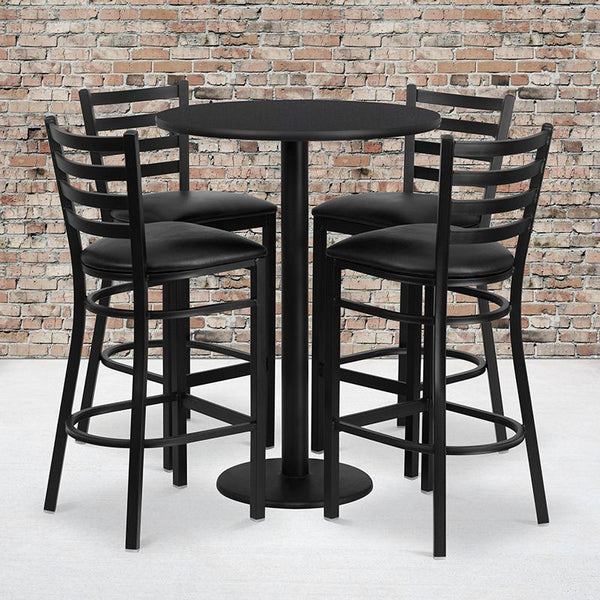 Flash Furniture 30'' Round Black Laminate Table Set with Round Base and 4 Ladder Back Metal Barstools - Black Vinyl Seat - RSRB1021-GG