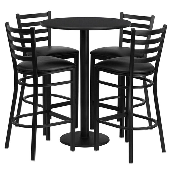 Flash Furniture 30'' Round Black Laminate Table Set with Round Base and 4 Ladder Back Metal Barstools - Black Vinyl Seat - RSRB1021-GG