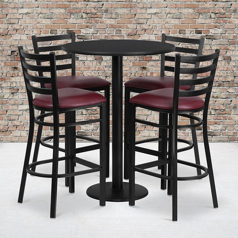 Flash Furniture 30'' Round Black Laminate Table Set with Round Base and 4 Ladder Back Metal Barstools - Burgundy Vinyl Seat - RSRB1025-GG