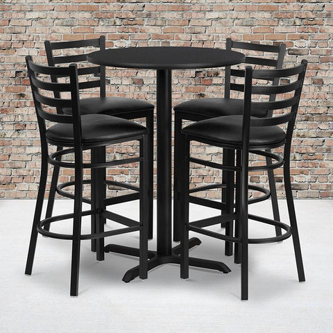 Flash Furniture 30'' Round Black Laminate Table Set with X-Base and 4 Ladder Back Metal Barstools - Black Vinyl Seat - HDBF1021-GG