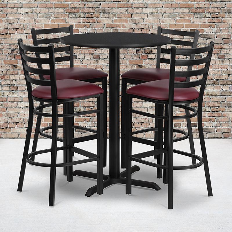 Flash Furniture 30'' Round Black Laminate Table Set with X-Base and 4 Ladder Back Metal Barstools - Burgundy Vinyl Seat - HDBF1025-GG