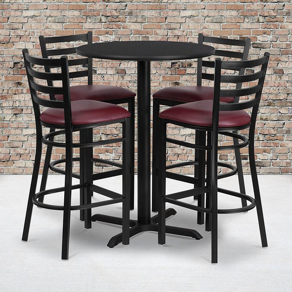 Flash Furniture 30'' Round Black Laminate Table Set with X-Base and 4 Ladder Back Metal Barstools - Burgundy Vinyl Seat - HDBF1025-GG