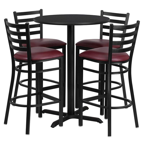 Flash Furniture 30'' Round Black Laminate Table Set with X-Base and 4 Ladder Back Metal Barstools - Burgundy Vinyl Seat - HDBF1025-GG